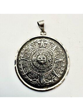 VTG Solid Sterling Silver 925 Aztec Calendar Circle Pendant Size 2.5" Length